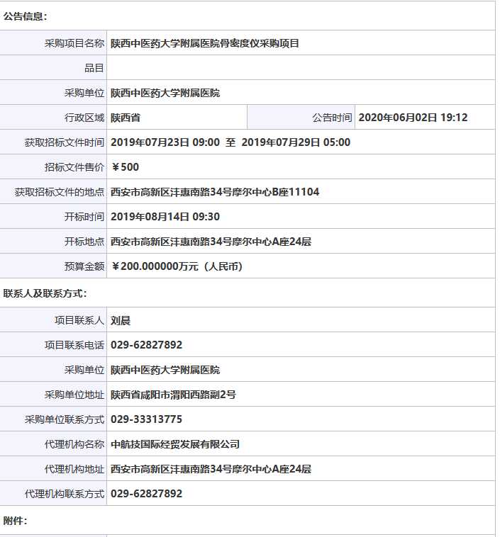 陕西中医药大学附属医院骨密度仪采购项目公开招标公告